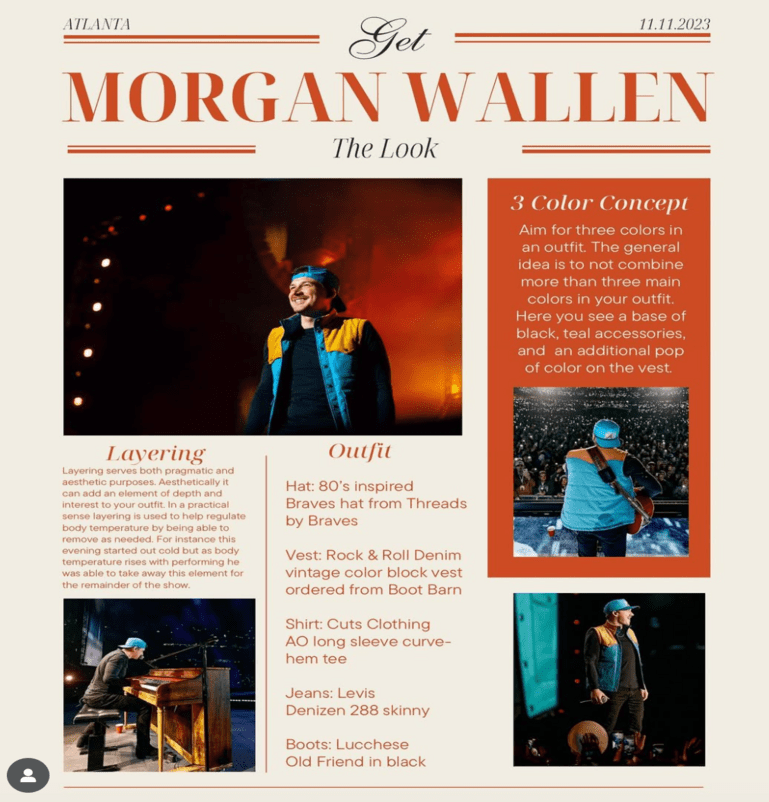 Morgan Wallen has a wide-ranging style of modern street wear meets old school cowboy. Americana Aspects.