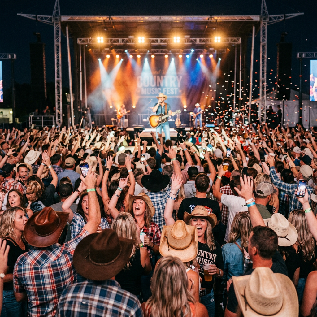 Crowd of fans cheering at an outdoor country music concert with performers on stage