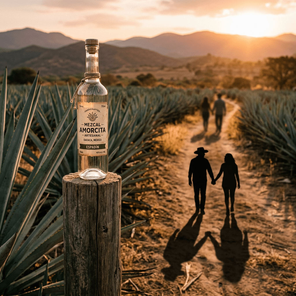 Bottle of Mezcal Amorcita Espadín on wooden post in an agave field at sunset with two couples walking