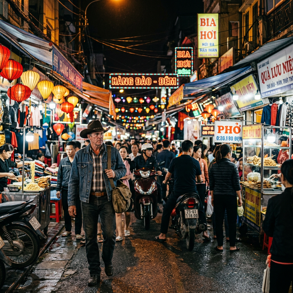 Crowded Vietnamese night market with lanterns, food stalls, signs, and motorbikes